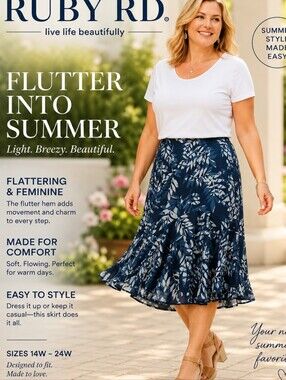 RUBY RD. Navy Blue Leaf Print Flowy Lined Lightweight Skirt Sz 18  Like New